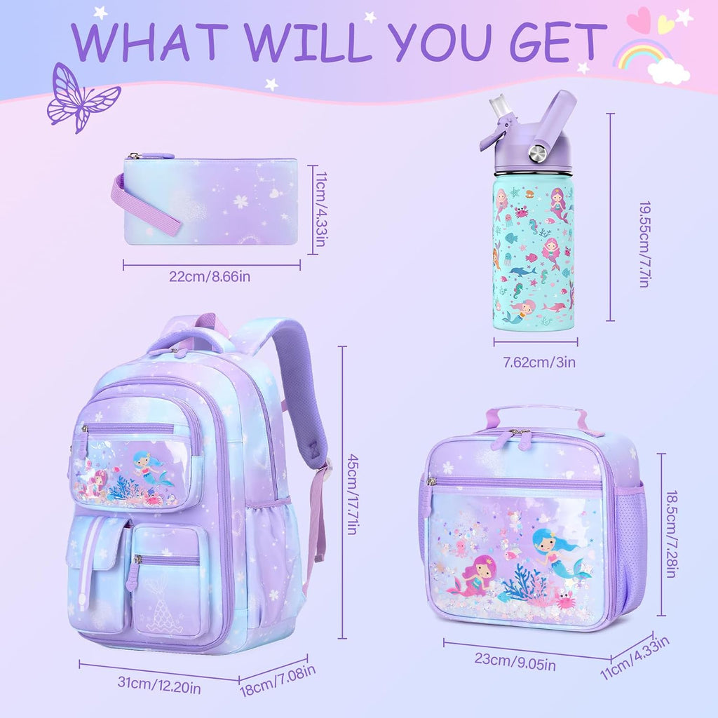 Acesak Kids School Backpack For Girls, Mermaids Bookbag Backpack With 14Oz Water Bottle, Lunch Bag Set For Girlsteens Middle Student, Girls Backpacks For School (Purple)
