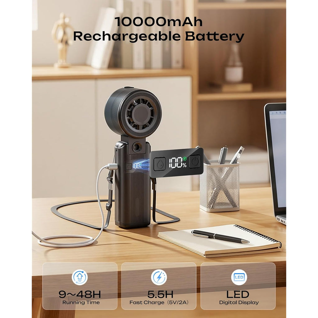 Otlonpe Handheld Misting Fan Portable, 10000Mah Rechargeable Battery, 48H Max, Powerful Turbo, 5 Speed, Led Display, Small Personal Mister Fan Water Spray Cooling Mist For Travel Beach Cruise (Black)