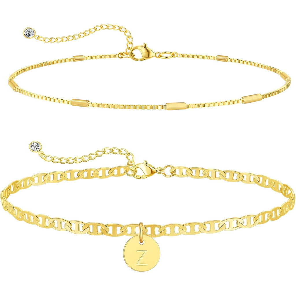 Initial Ankle Bracelets for Women 14K Gold Plated Dainty Layered Round Letter Anklets Beach Jewelry Gift