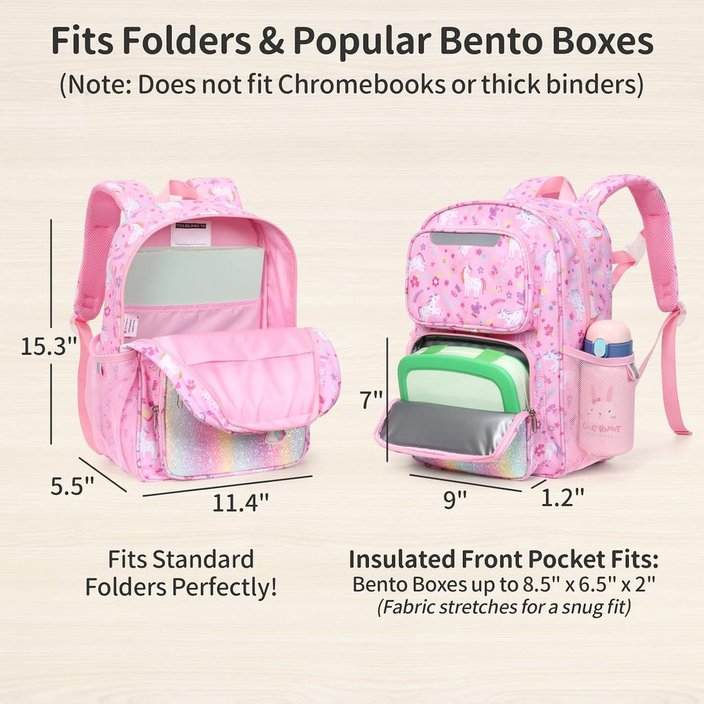 Kids Backpack For Girls Kindergarten - 15 Inch School Bag | For Prek-2Nd Grade Kids Ages 4-7, Fits Folders, Insulated Pocket For Lunch And Snacks, Comfy Padded Straps, Pink Unicorn