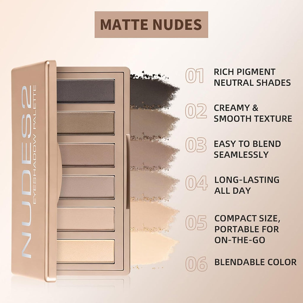 6 Matte Neutral Mini Eyeshadow Palette With Brush - Ultra Blendable Cool-Tone Nude Smokey Eye Shadow Palette, Long-Lasting Wear Smooth Texture