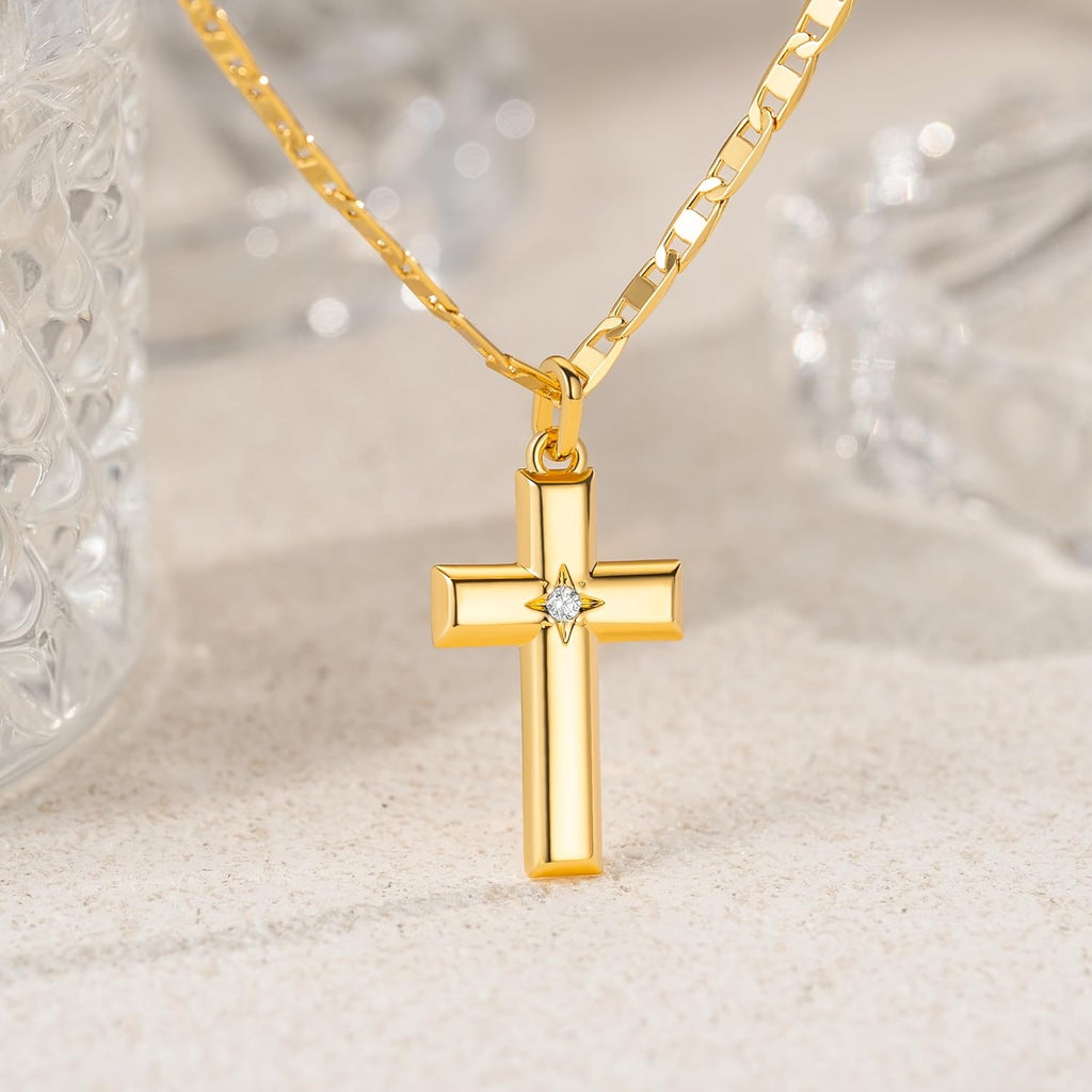 48cm 14k Gold Cross Necklace for Women Gold Necklace Cross Pendant Small Necklaces 48cm Chain with a CZ Stone