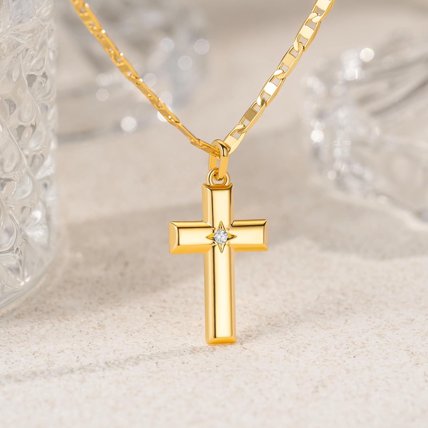48cm 14k Gold Cross Necklace for Women Gold Necklace Cross Pendant Small Necklaces 48cm Chain with a CZ Stone