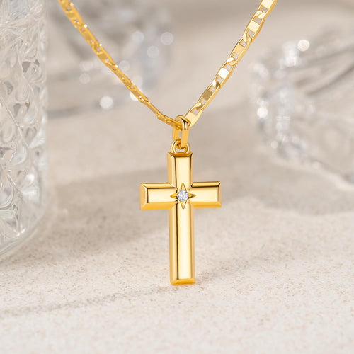 48cm 14k Gold Cross Necklace for Women Gold Necklace Cross Pendant Small Necklaces 48cm Chain with a CZ Stone