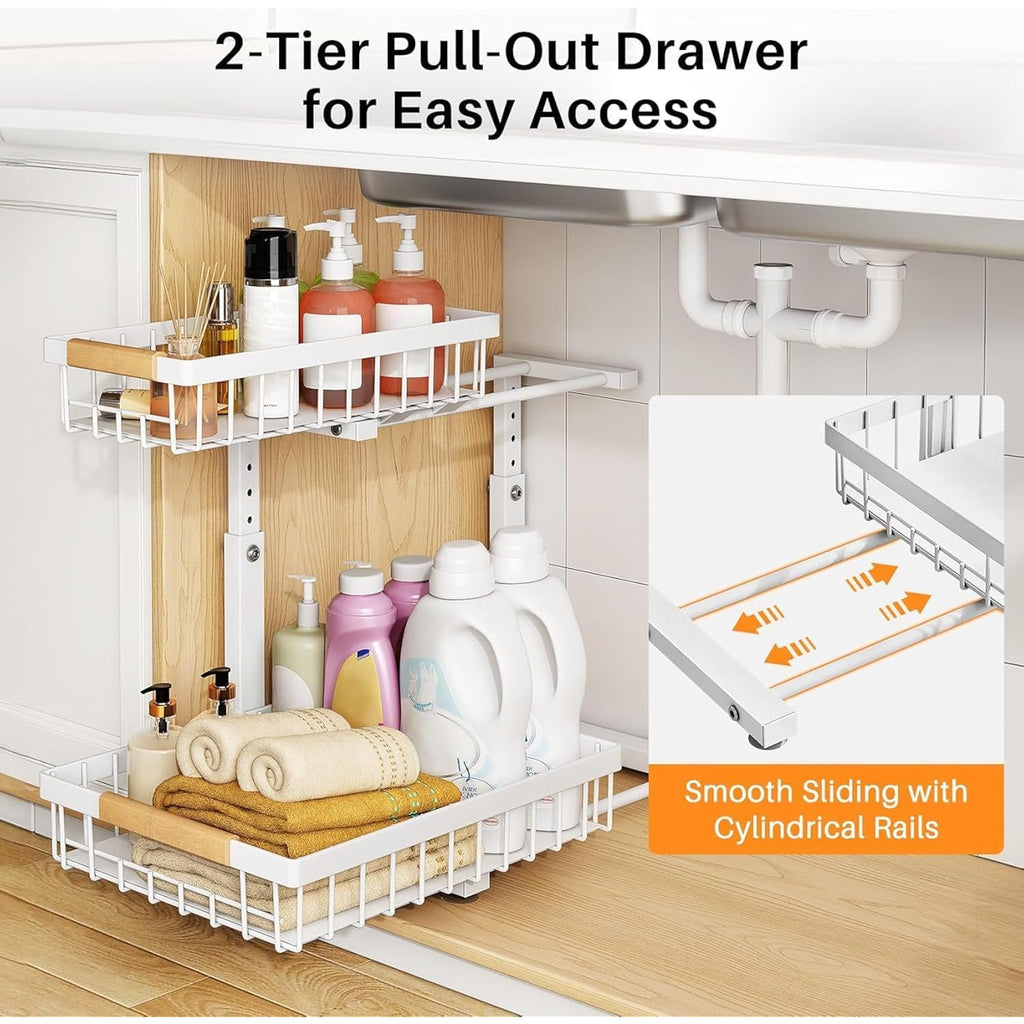 PXRACK Under Sink Organizer, Adjustable Height, 2 Tier Pull Out Under Cabinet Organizer, Slide Out Thickened Metal Under Sink Storage for Kitchen Bathroom Laundry Pantry Cabinet, White, Large-2-Pack