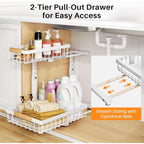 PXRACK Under Sink Organizer, Adjustable Height, 2 Tier Pull Out Under Cabinet Organizer, Slide Out Thickened Metal Under Sink Storage for Kitchen Bathroom Laundry Pantry Cabinet, White, Large-2-Pack