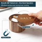 Salt Cellar, Acacia Wood Salt Container With Built-In Spoon & Swivel Lid, Engraved Salt Box, Salt Holder Bowl For Countertop Seasoning Storage
