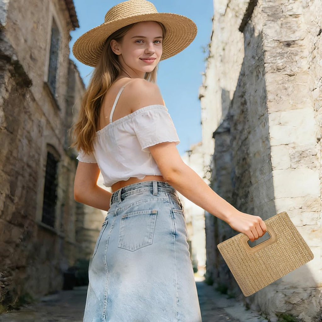 Beach Clutch Bag Straw Summer Clutch Purses for Women Handmade Woven Purse Detachable Gold Chain, Crossbody