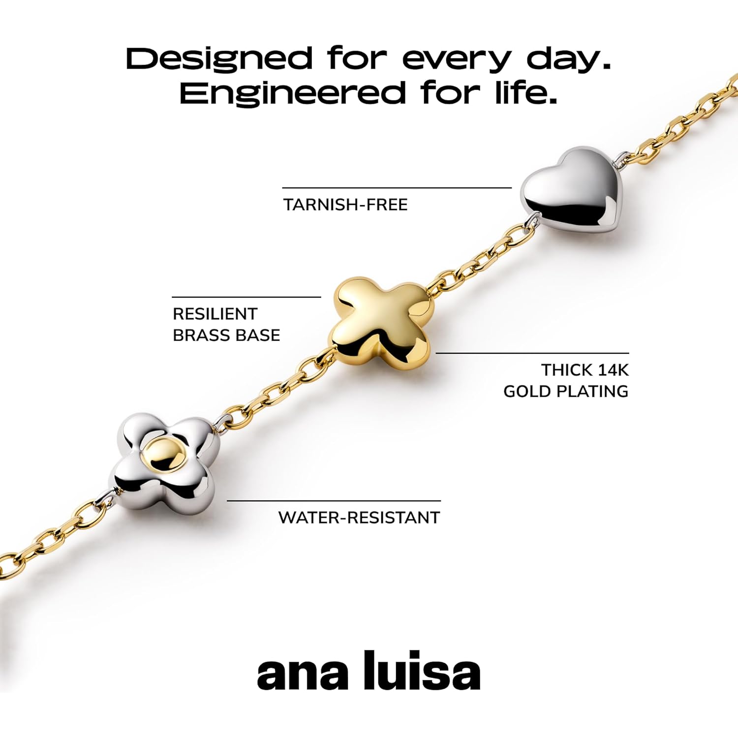 Ana Luisa Gold Bracelets for Women - Sterling Silver, 14K Gold Plated Dainty Chain with Pearl, Heart & Flower, Cuff Bracelet Styles for Daily Wear - Hypoallergenic, Water-Resistant, Tarnish-Free