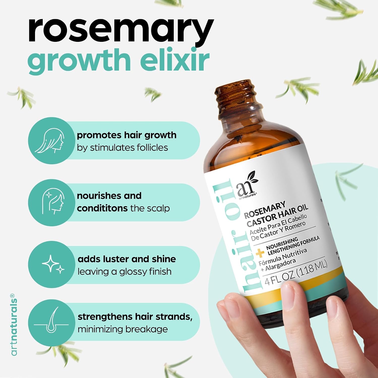 Artnaturals Organic Rosemary Castor Hair Growth Tonic Oil + Massager Hair Regrowth Set, 4 Oz With Coconut & Olive Oil, Scalp Treatment For Dry, Damaged & Split Ends
