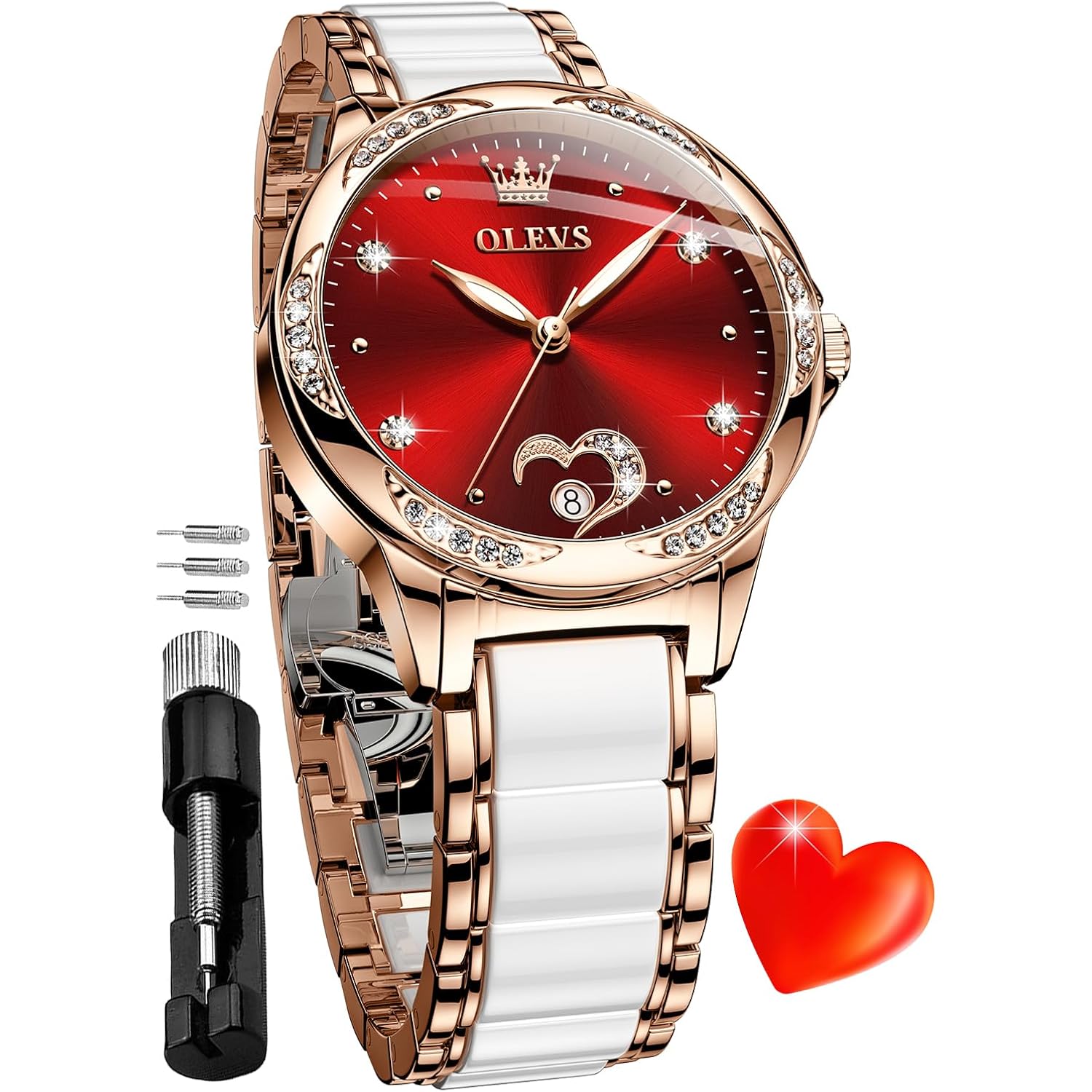 Olevs Automatic Watch For Women Luxury Diamond Rose Gold Ladies Self Winding Mechanical Ceramic Wrist Watch Love Heart Date