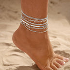 6 PCS Gold Ankle Bracelets for Women, 14k Plated Gold Layered Anklet Set Waterproof Herringbone Paperclip Beaded Figaro Cuban Link Chain Beach Stackable Anklet Bracelet Jewelry Gift for Women