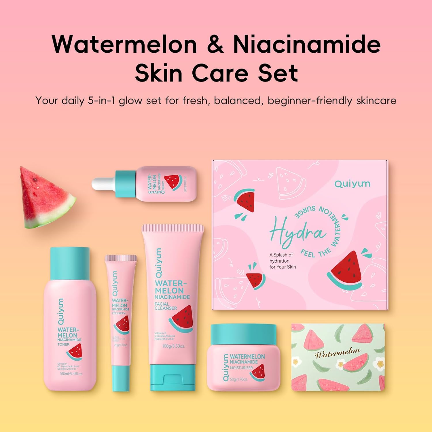 Watermelon Niacinamide Skin Care Set, Skincare For Teens Girls 5 Pcs | Gift Set With Cleanser, Toner, Eye Cream, Moisturizer, Serum, Glow Up Facial Routine For Beginner, For All Skin Types
