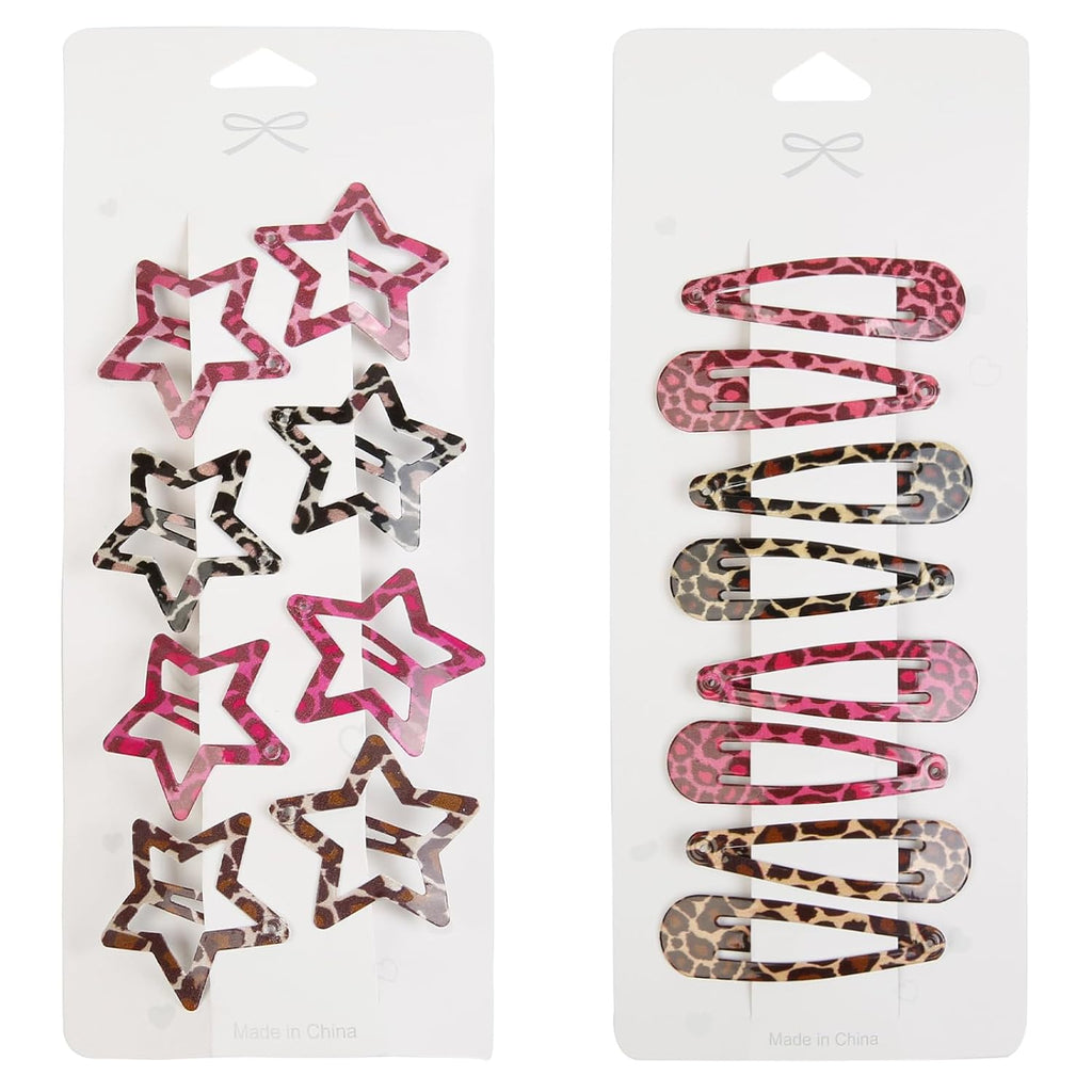 Metal Snap Hair Clips,8 Pairs Hair Barrettes For Women - Star & Water Drop Hair Barrettes, Non-Slip Y2K Accessories For Thin Thick Hair,Pink And Brown Leopard Print