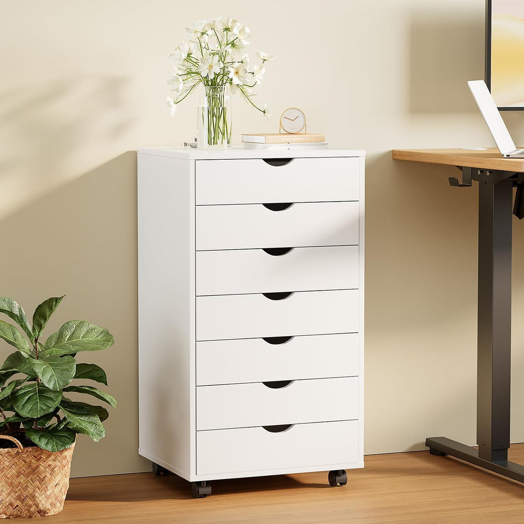 Sweetcrispy 7 Drawer Rolling Storage Cabinet With Wheels, Wood Organizer | Fits Under Desk Dresser Chest For Home Office, Bedroom, Small Place, Living Room White