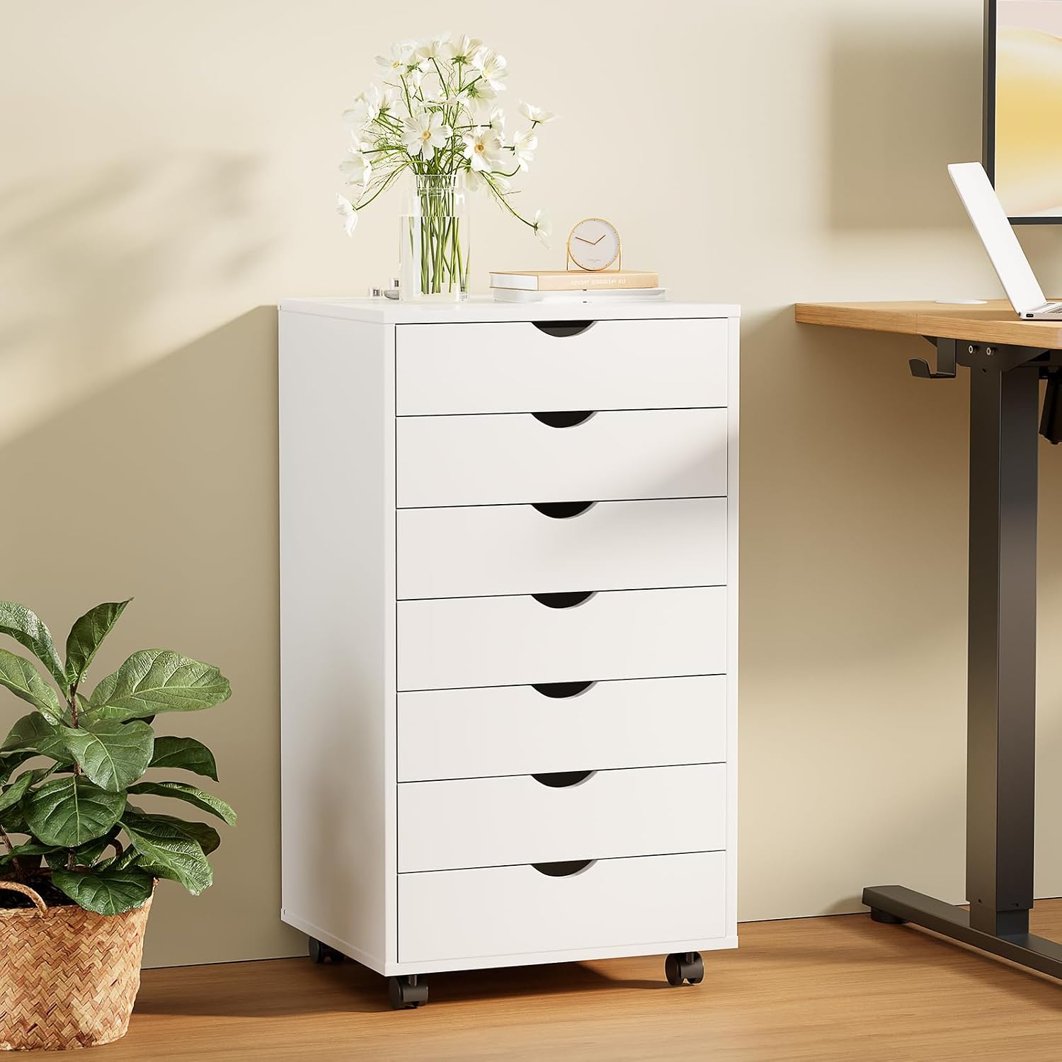 Sweetcrispy 7 Drawer Rolling Storage Cabinet With Wheels, Wood Organizer | Fits Under Desk Dresser Chest For Home Office, Bedroom, Small Place, Living Room White