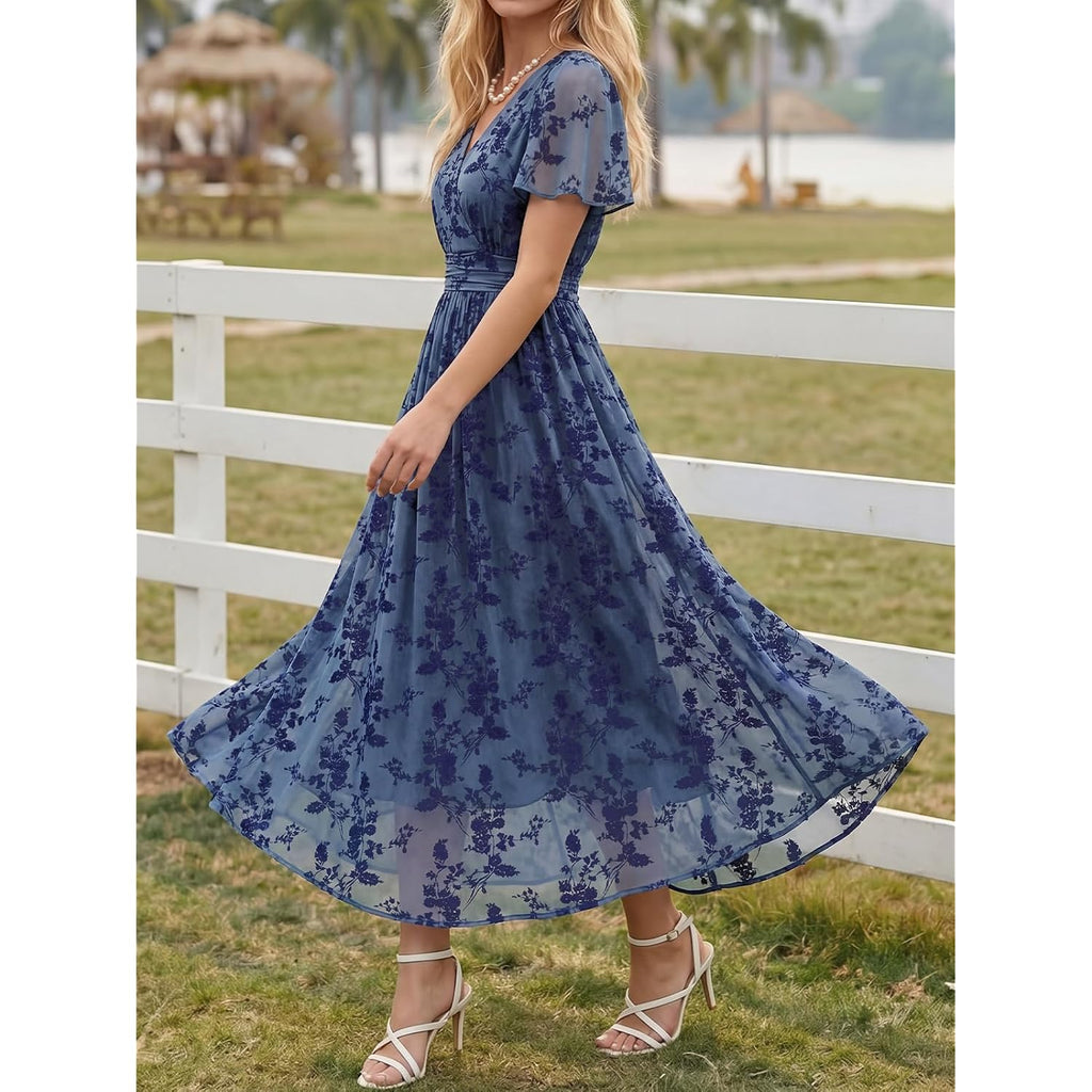 Lillusory Womens Summer Floral Maxi Dress Short Sleeve V Neck Wedding Guest Long Dresses With Pockets