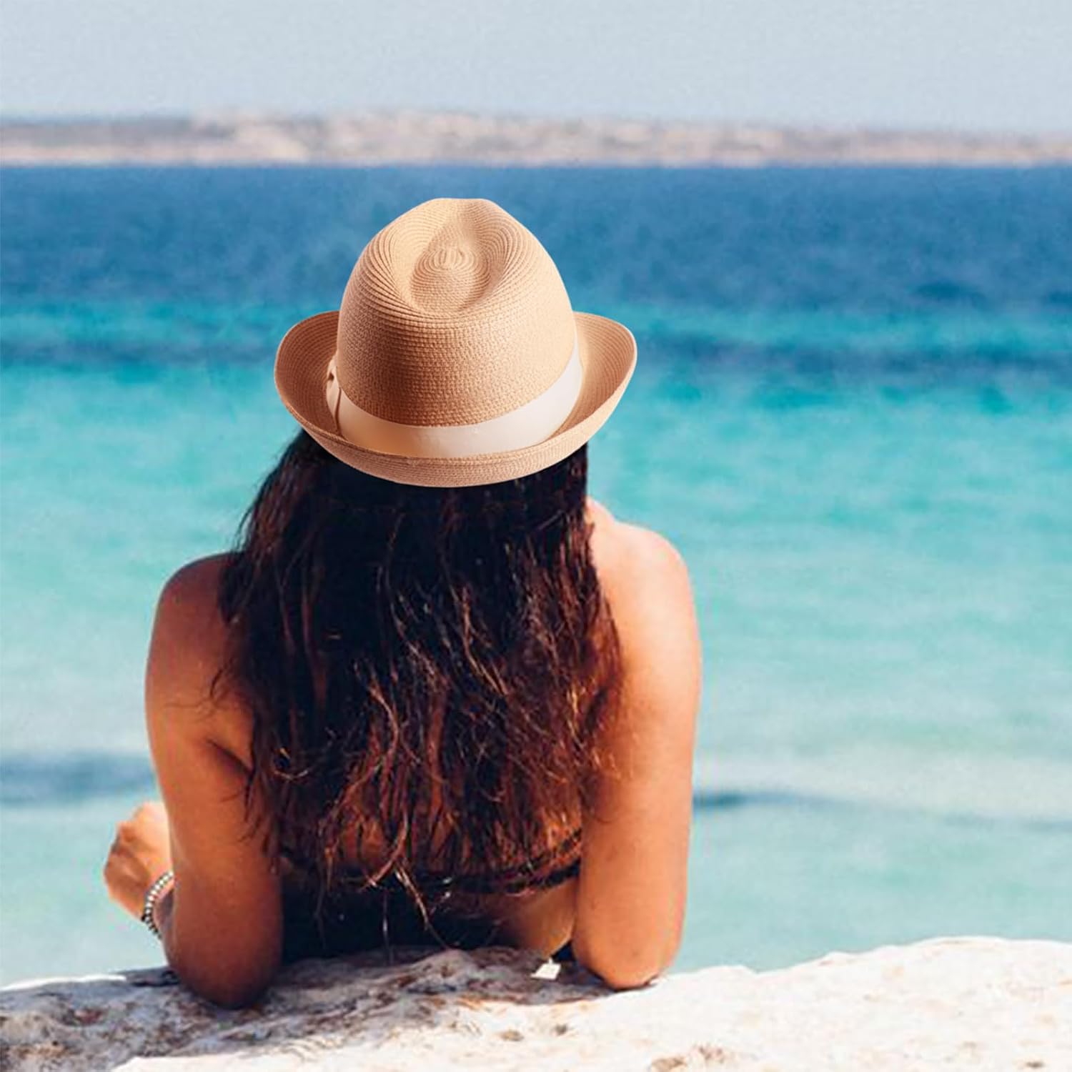 DRESHOW Women Straw Sun Hat Short Brim Panama Travel Fedora Beach Cap Roll up Summer Hat for Women Men UPF 50+ 1 Pack With Beige Band: Khaki