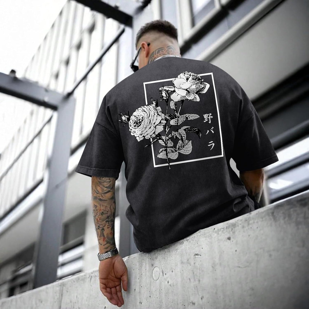 Japanese Graphic Tees For Men Harajuku Rose Flower Floral Shirts Cool Vintage Oversized Streetwear Acid Wash Tops