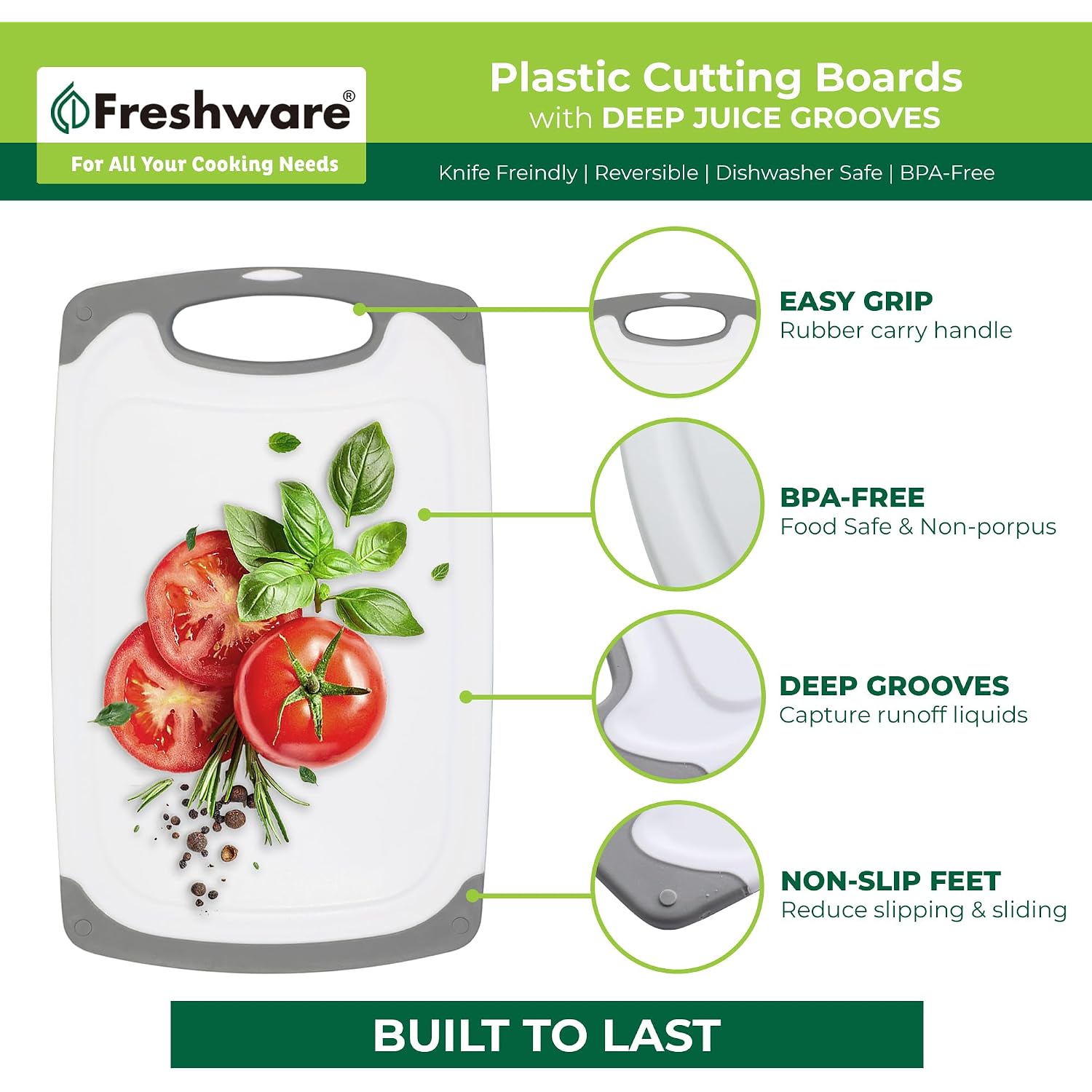 Freshware Cutting Boards For Kitchen, Chopping Board 3-Pack With Different Sizes, Juice Grooves And Non Slip Handles - Reversible, Large Cutting Board Set - Dishwasher Safe - Gray