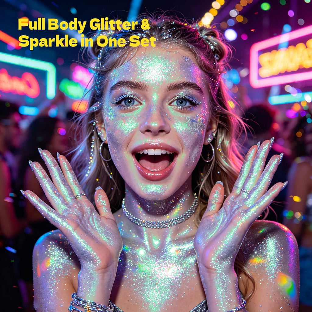 Sam Sugar Body Glitter Stick And Face Glitter Gel, Gel Nail Strips Chunky Glitter For Face, Body, Nails, No Lamp Needed, Long Lasting Sparkle Makeup For Party Festival(Rainbow 01#)