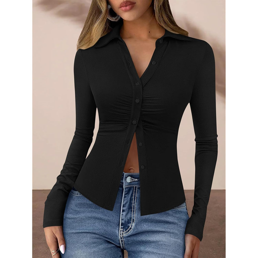 Prettygarden Womens Button Down Shirts V Neck Collared Ruched Slim Fit Long Sleeve Shirt Casual Spring Fashion Ladies Tops