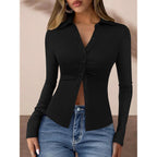 Prettygarden Womens Button Down Shirts V Neck Collared Ruched Slim Fit Long Sleeve Shirt Casual Spring Fashion Ladies Tops