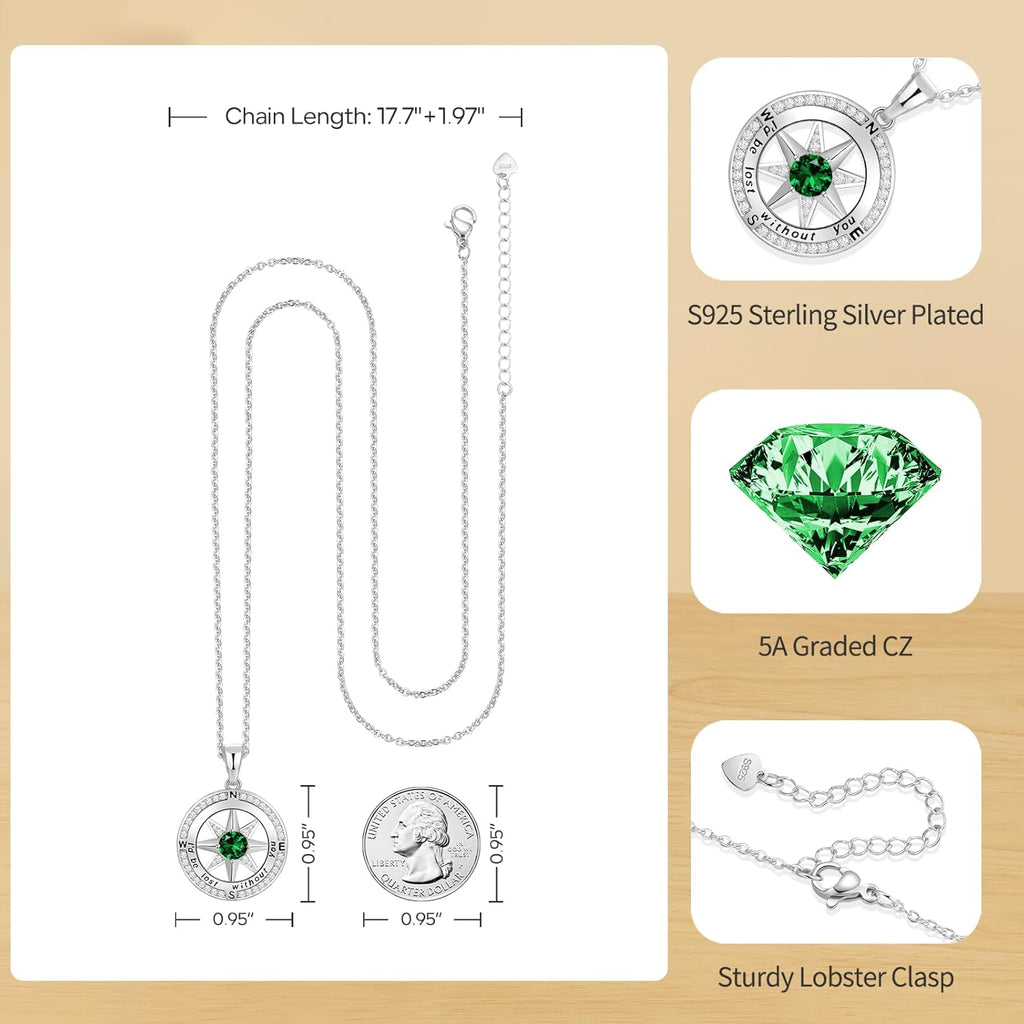 Peeshow Compass Birthstone Necklace for Women Wife, S925 Sterling Silver Gift for Wife Wedding Anniversary Birthday Gifts for Women Jewelry for Her Girlfriend I'd be Lost without You