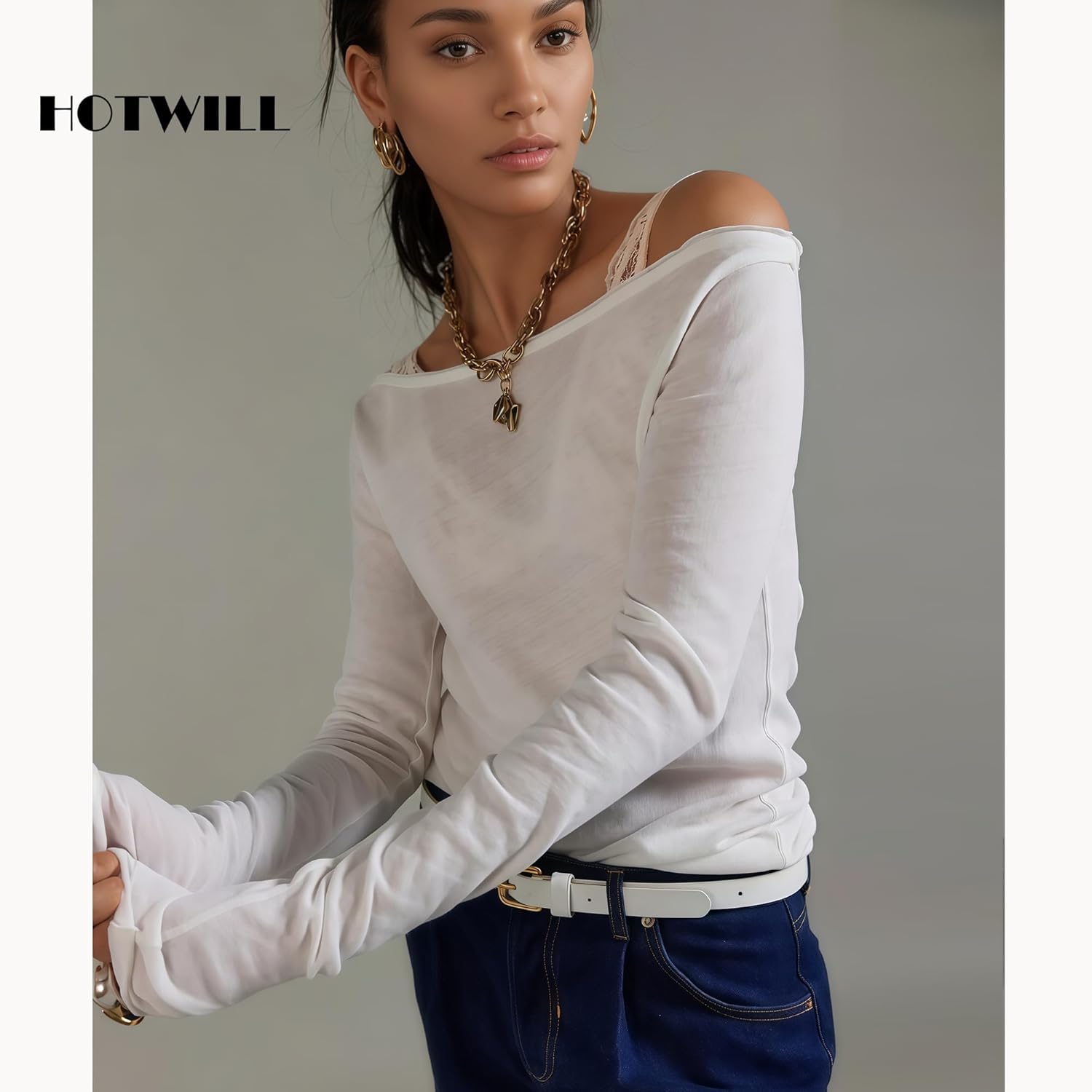HOTWILL 4 Pack Women Skinny Belts for Jeans Dress Thin Waist Belt for Ladies with Gold Buckle 0.55" Width