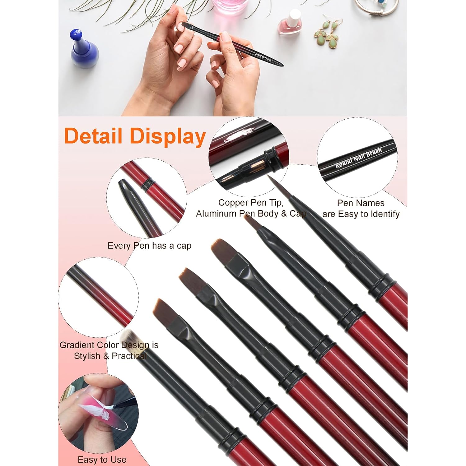 MYR 6Pcs Metal Nail Art Brushes and 2Pcs Nano Nail Files are suitable for Drawing Thick Lines, Painting Petals, Applying Phototherapy Gel, Halo Dyeing and other Personalized Nail Enhancement Designs