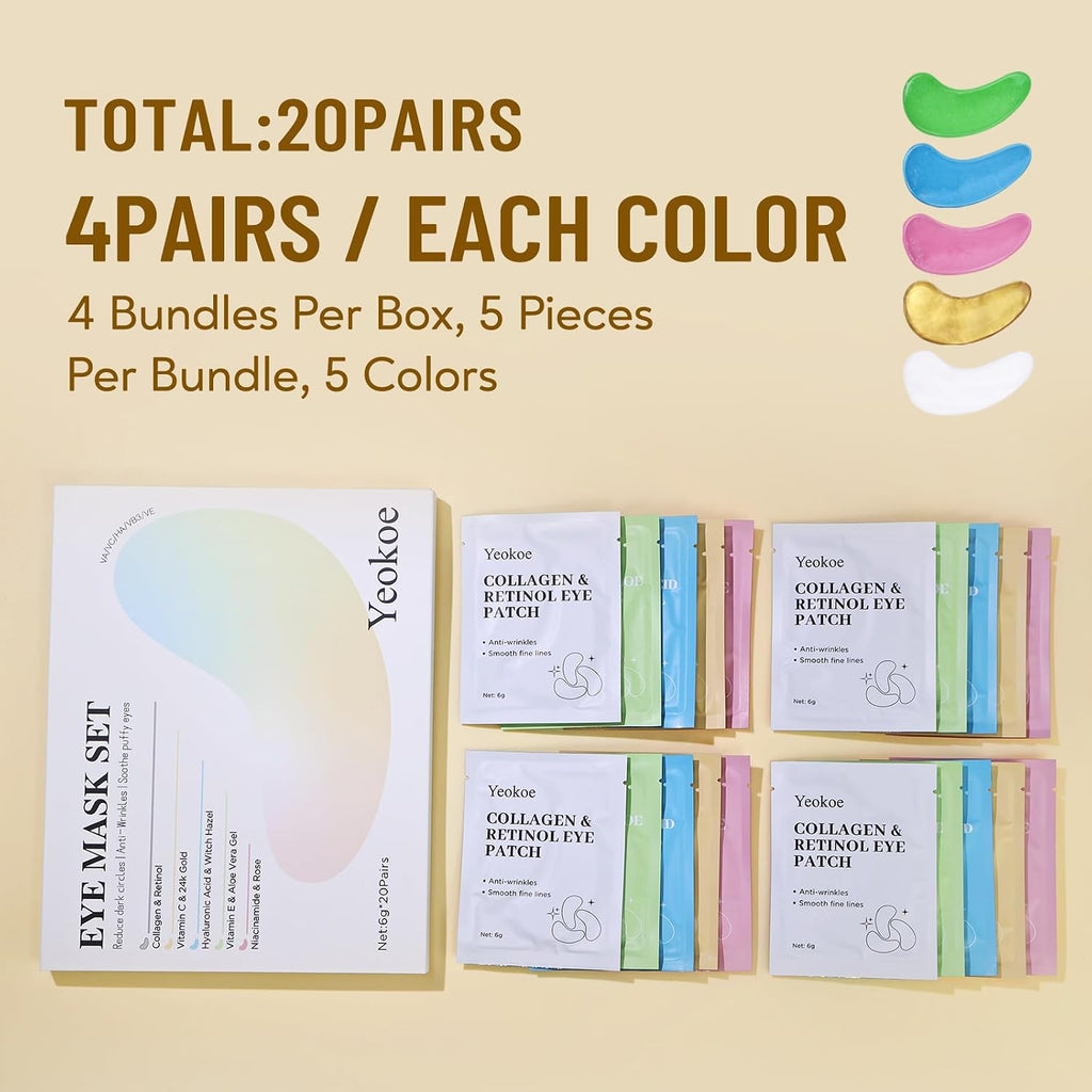 Under Eye Patches For Dark Circles,Eye Mask For Puffy Eyes With Collagen,Retinol,Vitmin C,Hyaluronic Acid And Niacinamide Face Masks Skincare Spa Gifts For Woman 20Pairs