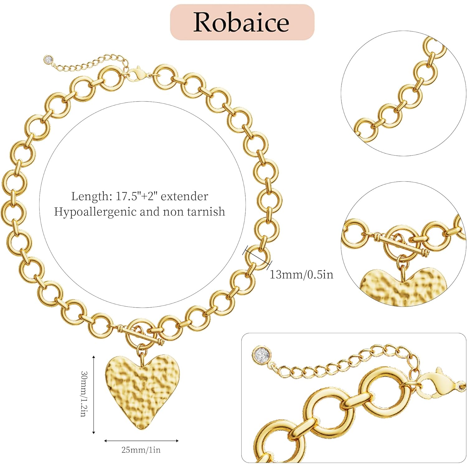 Robaice Mothers Day Gifts Chunky Gold Heart Necklace for Women，14K Gold Plated Chunky Heart Pendant Bold Chain Necklace with Toggle Clasp，Waterproof Non Tarnish Hypoallergenic Chunky Statement Jewelry Gift for Women