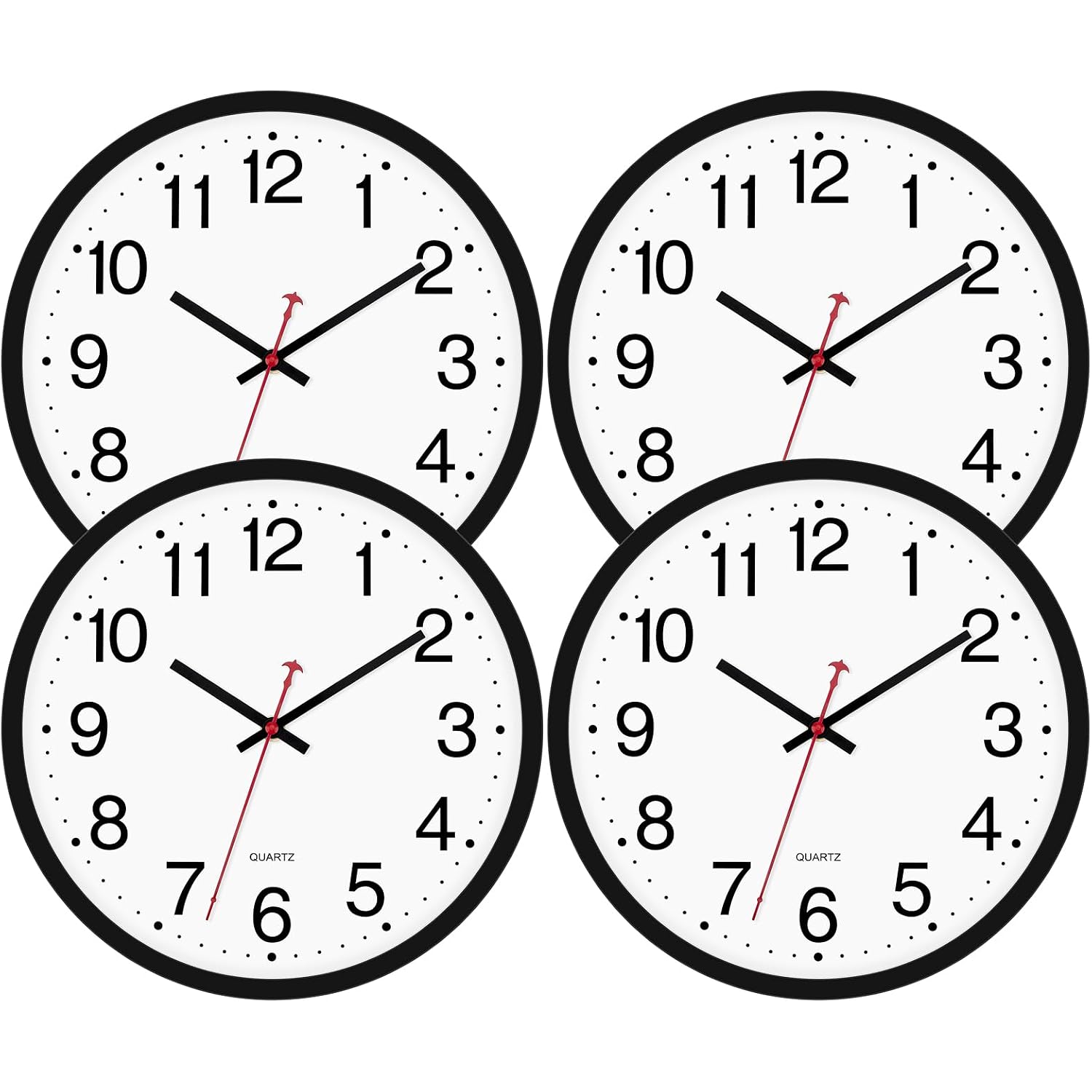 Foxtop 4 Pack Multi-Time Zone Black Wall Clock, 12 Inch Silent Non Ticking Quartz Battery Operated Round Classic Analog Wall Clock For Classroom School Office Living Room Bedroom Home