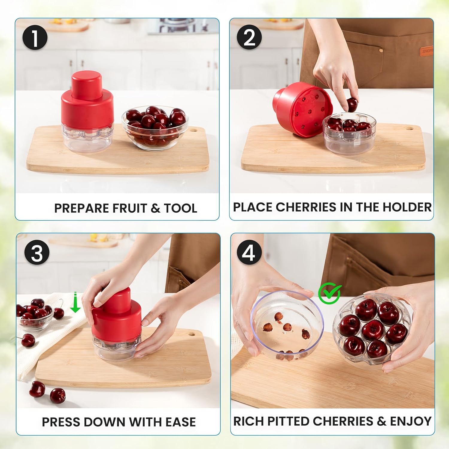 Schvubenr 7-In-1 Large Cherry Pitter Tool - Portable Cherry Corer Pitter With Ergonomic Push Design - Easy To Use For Making Cherry Jam - Pit 7 Cherries At Once, Saving Time & Effort - Red