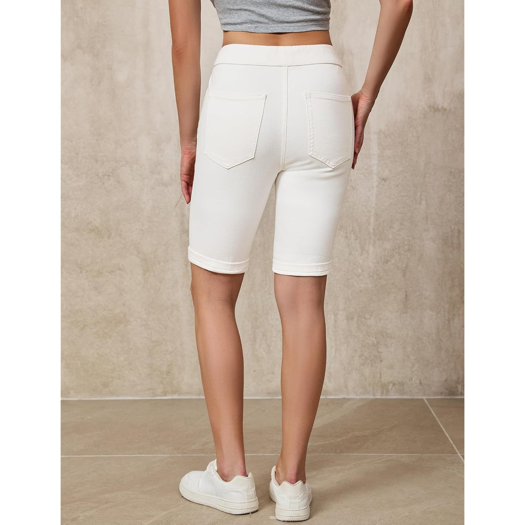Bermuda Shorts for Women Jean Pull On Elastic Waist High Waisted Knee Length Fold Hem Stretchy Denim Long Shorts