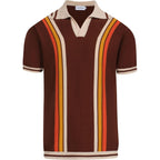 Oxknit Mens Retor Polo Striped Brown V-Neck Knitted Shirt 1960S Mod Style Vintage Collared T Shirt