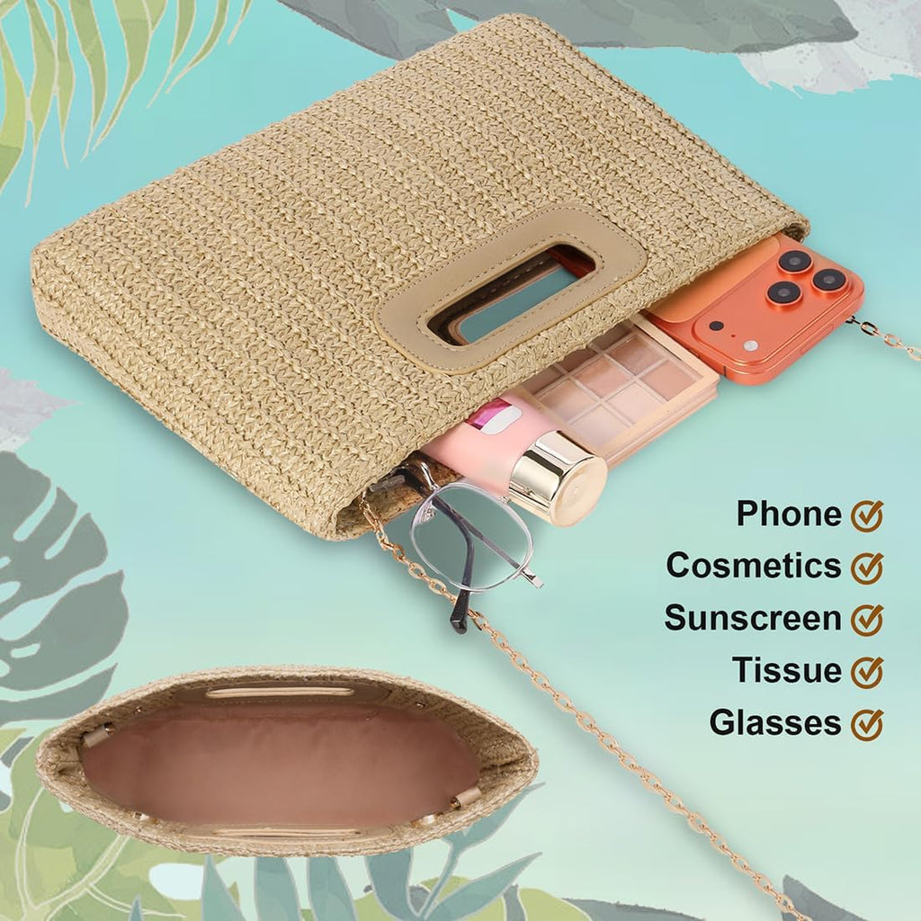 Beach Clutch Bag Straw Summer Clutch Purses for Women Handmade Woven Purse Detachable Gold Chain, Crossbody