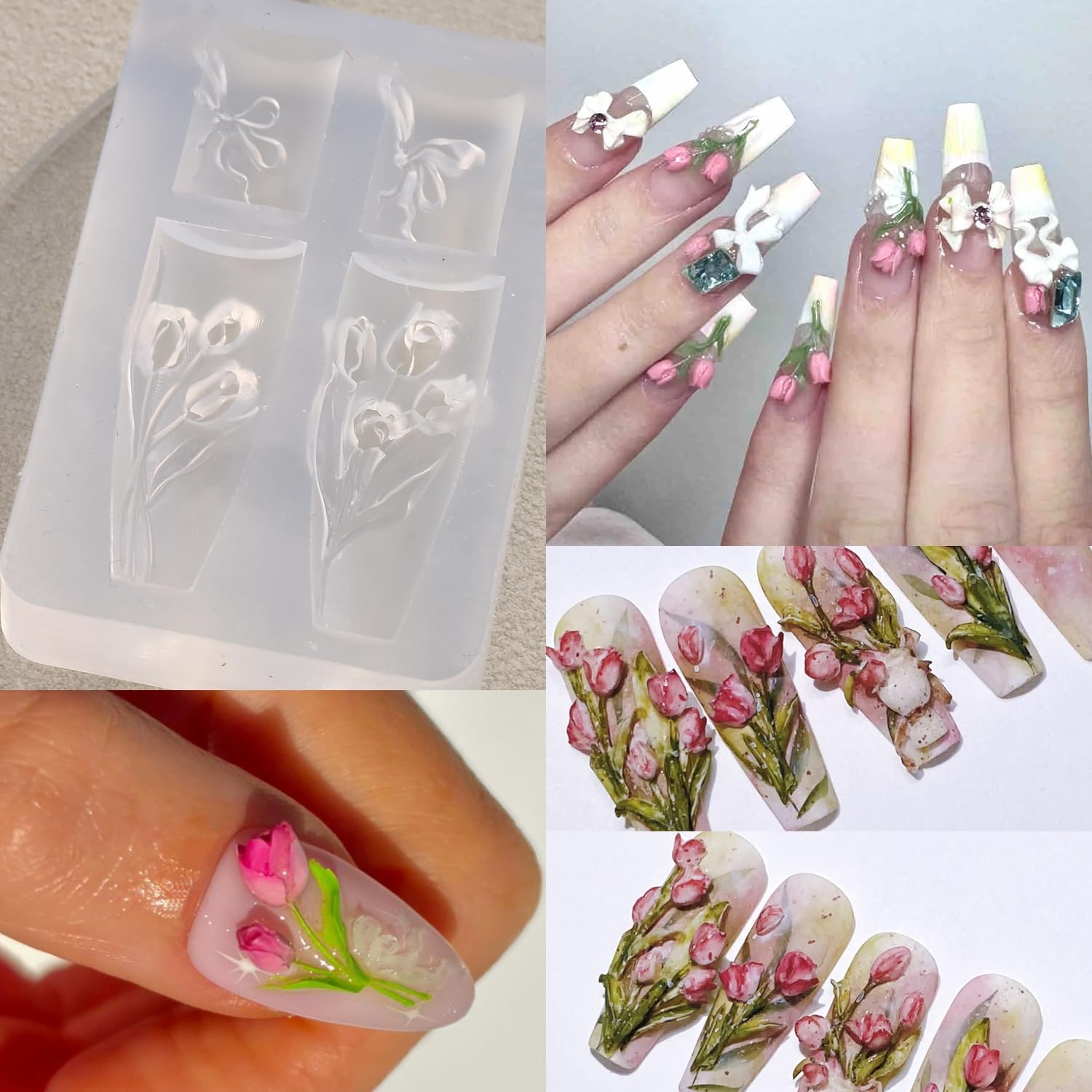 Silicone Nail Art Molds, 2PCS Reusable Clear 3D Flowers Nail Charm Molds with Carving Pen Tulip Bouquet Lily Hibiscus Flower Nail Design Manicure Template DIY Charms Resin Craft Accessories