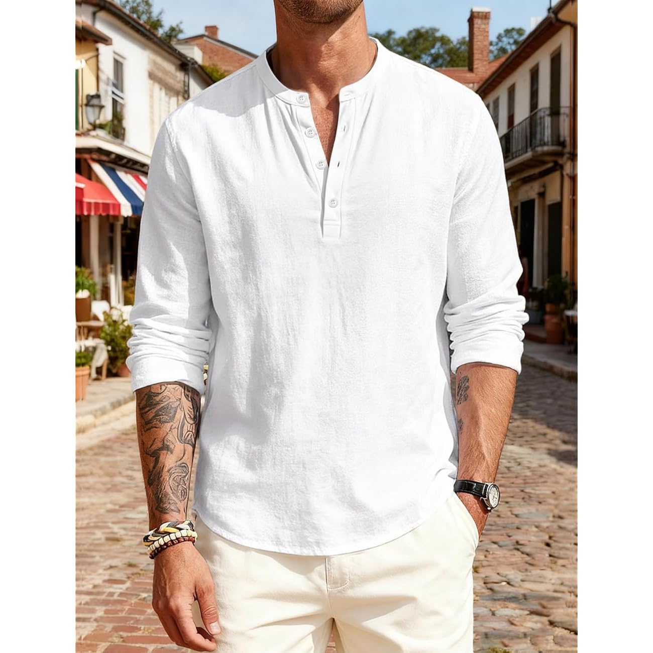 Men'S Linen Shirts Henley T-Shirts Long Sleeve Casual Beach T-Shirts Solid Tops Shirts For Men