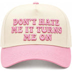 Vintage Canvas Embroidery Funny Hats Put It On My Husband's Tab Hat Adjustable Baseball Cap for Men Women Don't Hate Me It Turns Me on Pink