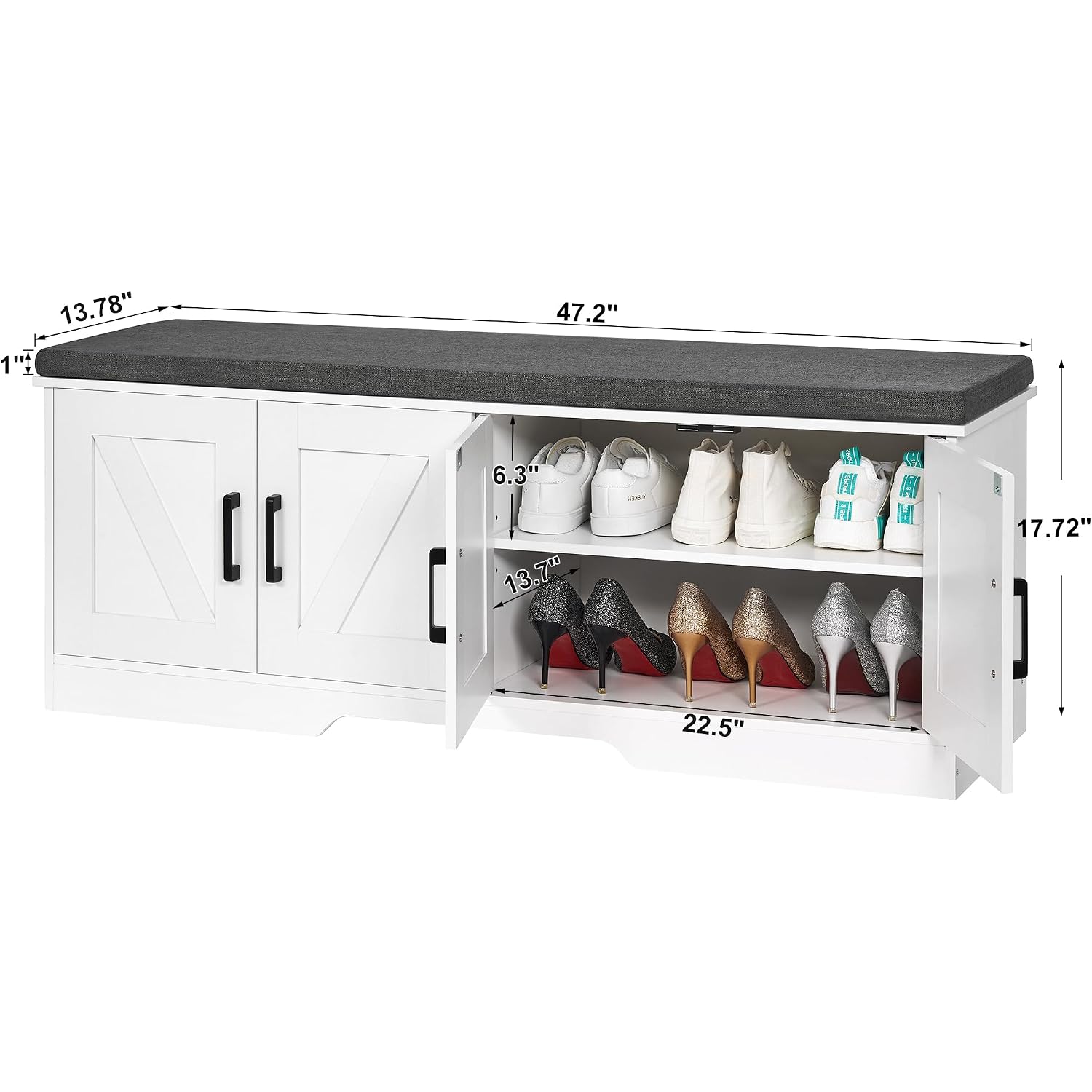 Homsho Farmhouse Shoe Storage Bench With 4 Barn Doors & Padded Seat Cushion | 47.2" Wide Entryway Bench With Adjustable Shelves & Hidden Storage, White