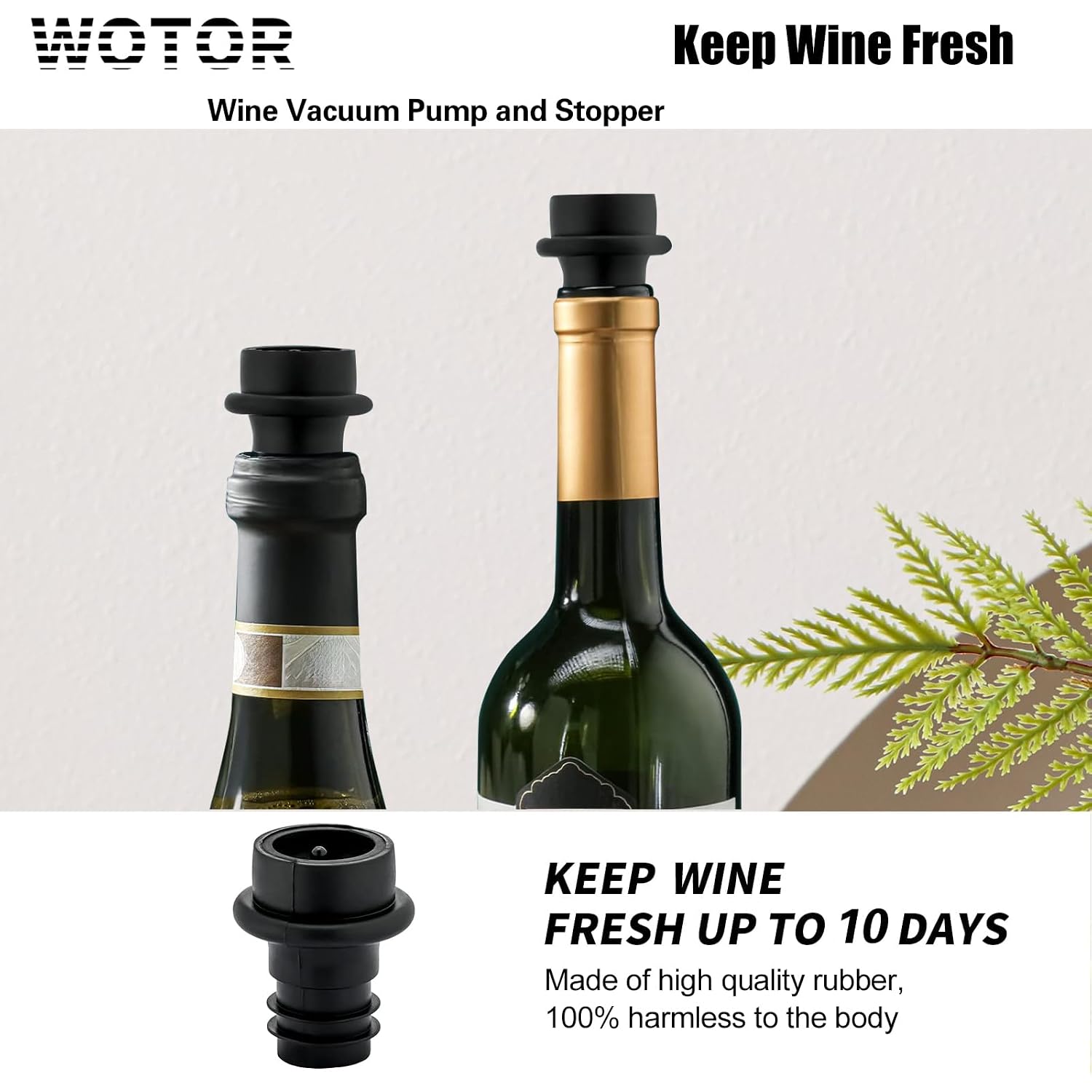 Wotor Wine Saver Vacuum Pump With 4 Stoppers, Wine Stopper & Preserver, Reusable Bottle Sealer Keeps Fresh, Ideal Accessories Gift (Flat Handle)