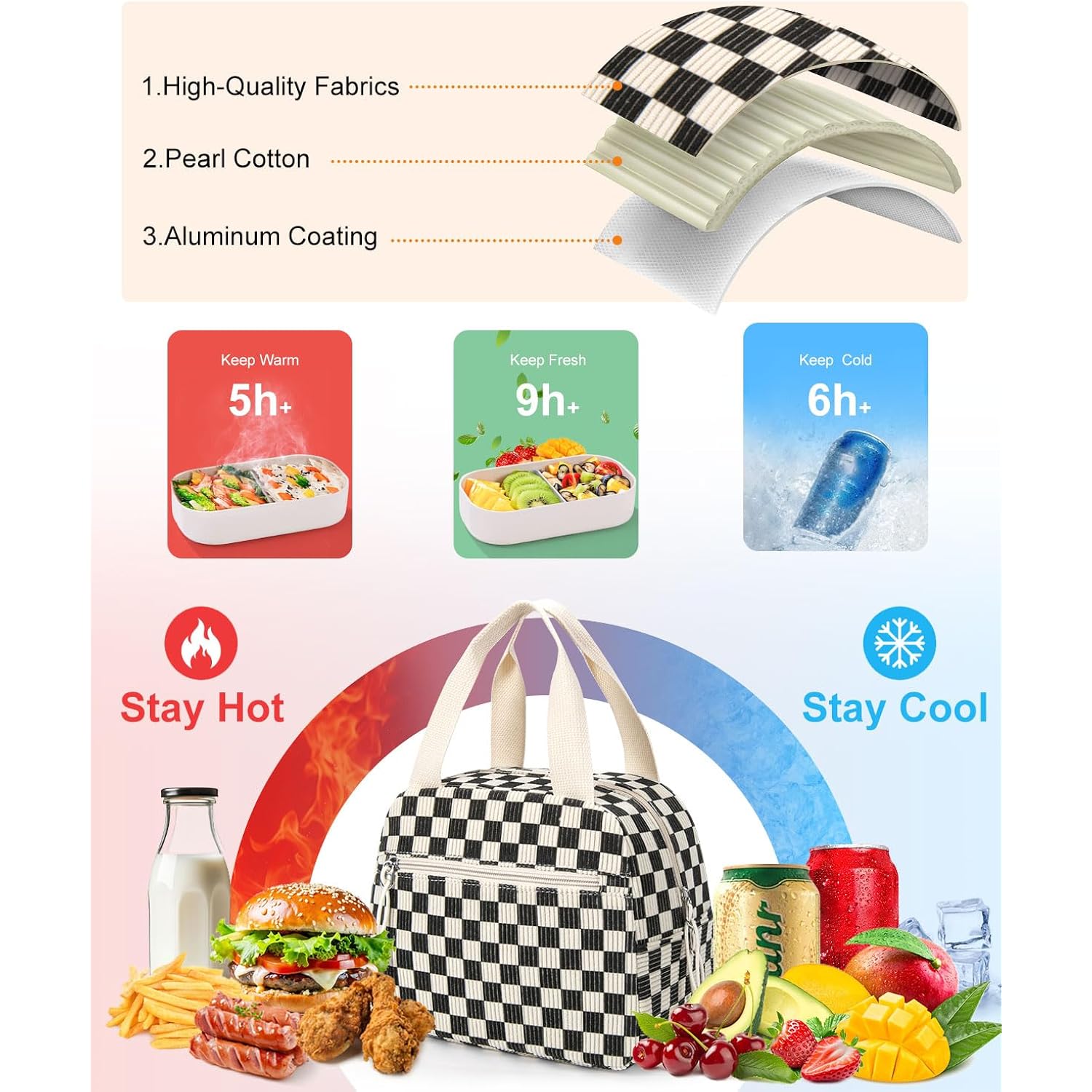 Corduroy Lunch Bag,Small Insulated Lunch Box For Women Men | Reusable Lunchbag,Cute Lunch Tote Bag,Lunchbox For Work,Corduroy Black Checkered