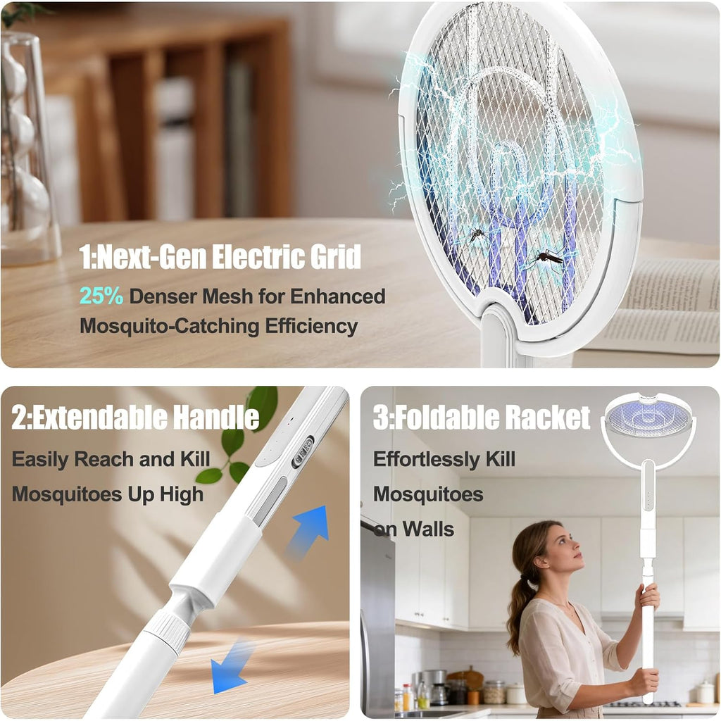 Rotating Head Electric Fly Swatter Racket, Bug Zapper Indoor With Long Telescopic Extension 4000V Usb Rechargeable Mosquito Zapper Killer With Charging Base, 3 Modes Automatic & Manual (White)