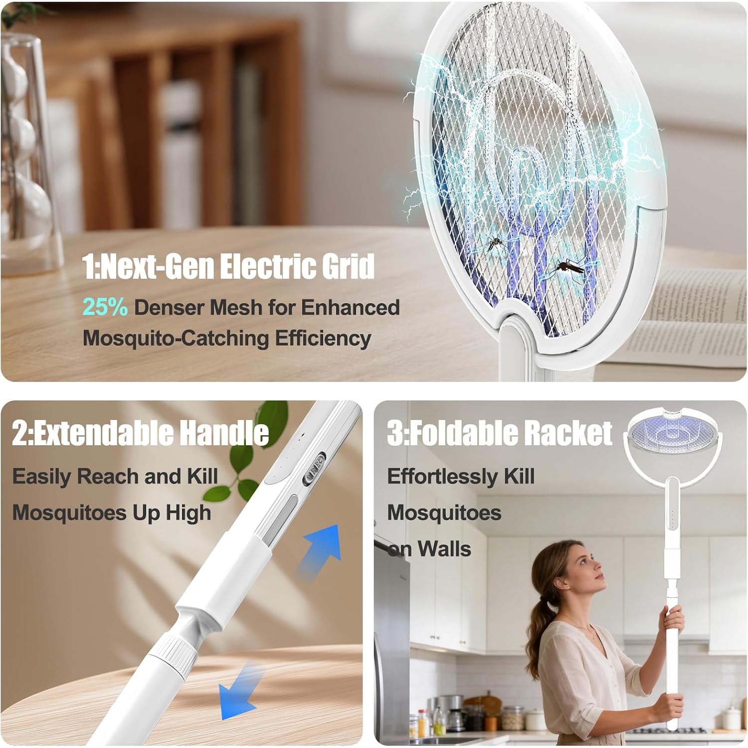Rotating Head Electric Fly Swatter Racket, Bug Zapper Indoor With Long Telescopic Extension 4000V Usb Rechargeable Mosquito Zapper Killer With Charging Base, 3 Modes Automatic & Manual (White)