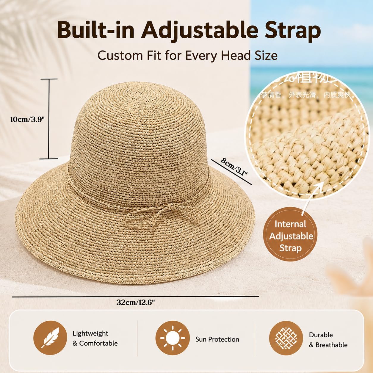 Natural Raffia Straw Bucket Hat For Women Sun Beach Handmade Raffia Woven Bucket Hat Foldable Summer Cap
