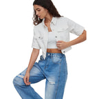 Women Cropped Denim Jacket Short Sleeves Button Down Jean Jackets Trucker Coats