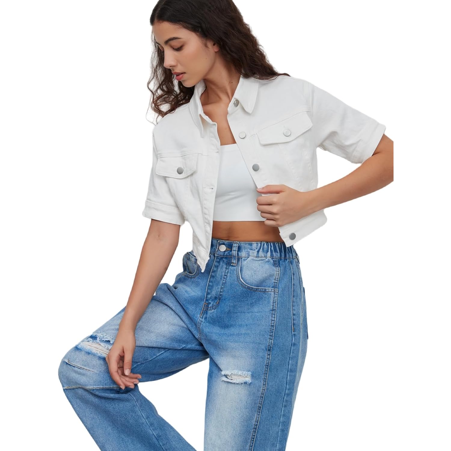 Women Cropped Denim Jacket Short Sleeves Button Down Jean Jackets Trucker Coats