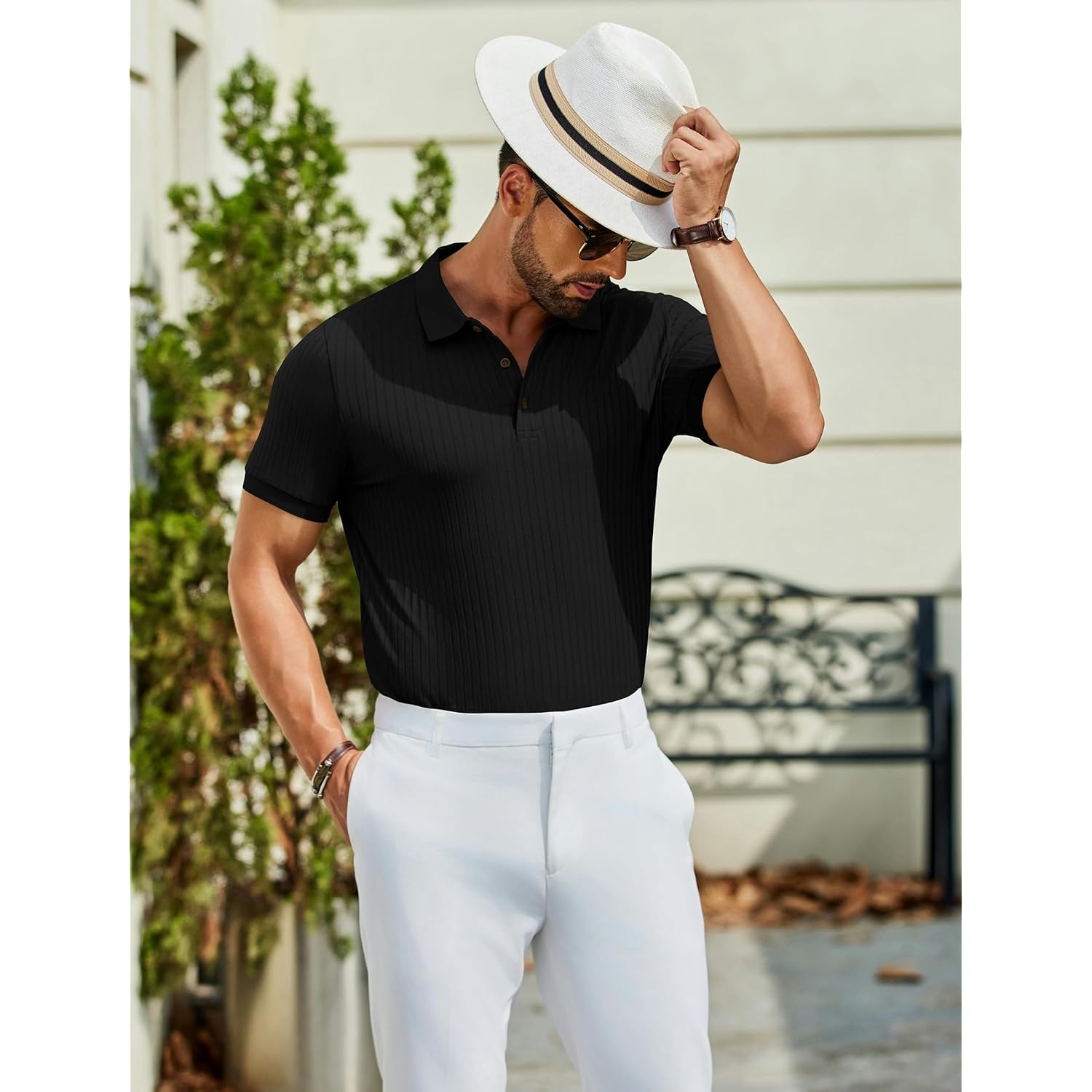 Coofandy Men'S Textured Polo Shirts Short Sleeve Slim Fit Casual Button Polo T-Shirt Summer Collared Golf Shirt