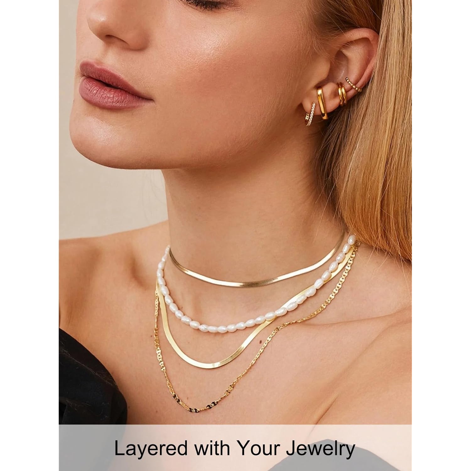 FOCALOOK 14K Gold Plated Necklaces for Women, Fashion Herringbone Choker Necklace Stainless Steel Flat Snake Chain 3/5MM(W) 12.5"/15"/18"+3.5"(L)